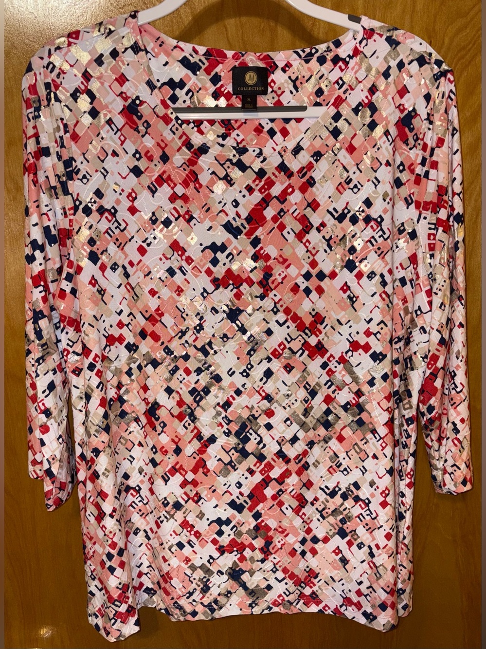JM Collection multicolored geometric print jersey knit 3/4 sleeve top Size XL